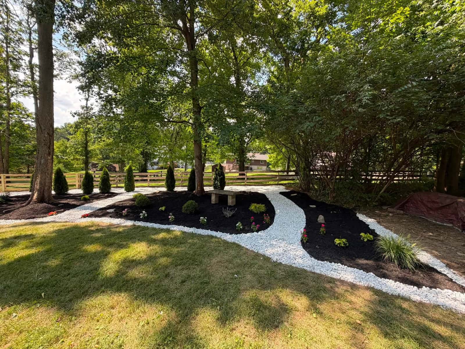 Landscaped beds, gravel path and fresh mulch by K&M Property Maintenance — Northern Kentucky